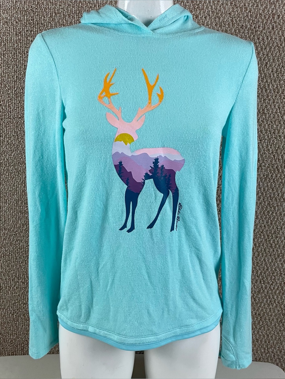 Eddie Bauer Hoodie Girls Large Aqua Deer Camping Graphic Sweatshirt NWT  289